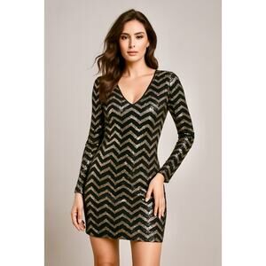 Sexy Black Gold Sequin Long Sleeve Dress 2 Party Holiday NYE Cocktail Coquette